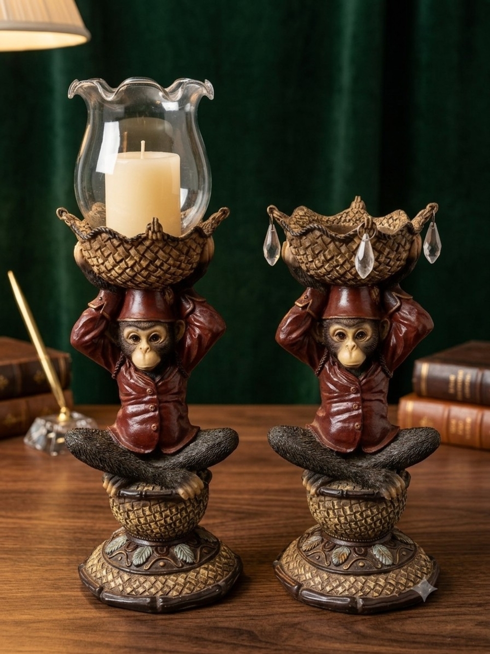 Vintage Monkey Candle Holders Set Ruffled Glass Globe Crystal Prisms Safari **